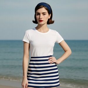 Vintage‎ Roger Sakoun Paris Skirt 44 Navy White Stripe Cotton France Mod Mini